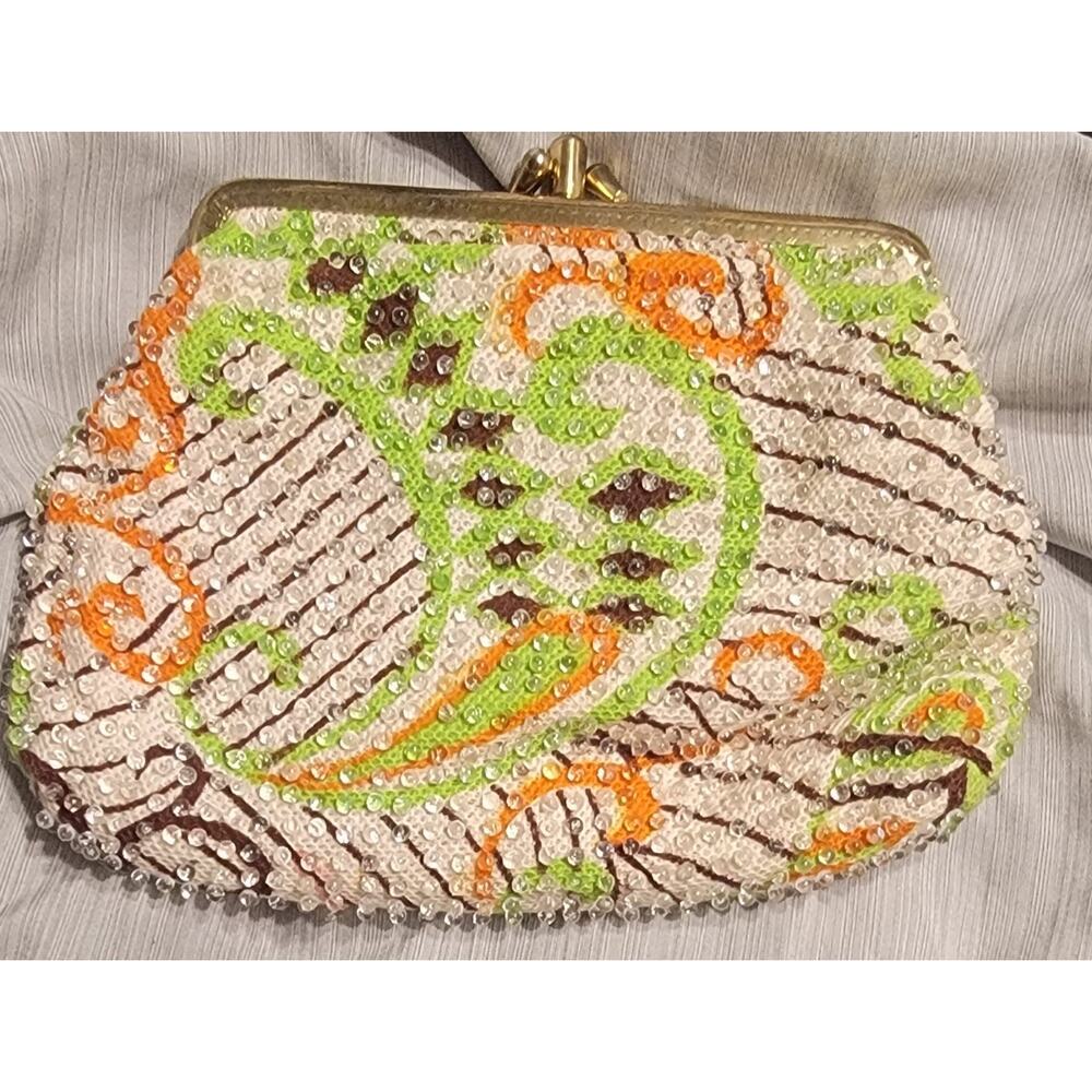 Vintage 1960’s Multicolor Beaded Coin Change Purse Snap Close Divided 5”